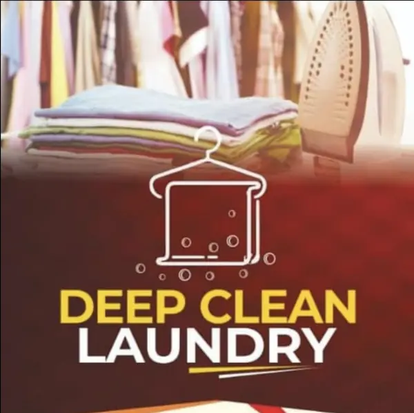 Deep Clean Laundry logo, a hanger over a laundry basket
